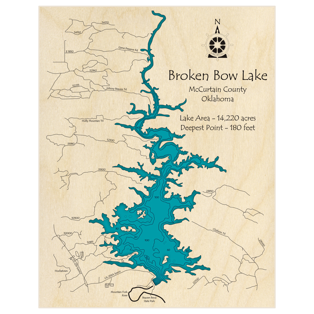 Bathymetric topo map of Broken Bow Lake with roads, towns and depths noted in blue water