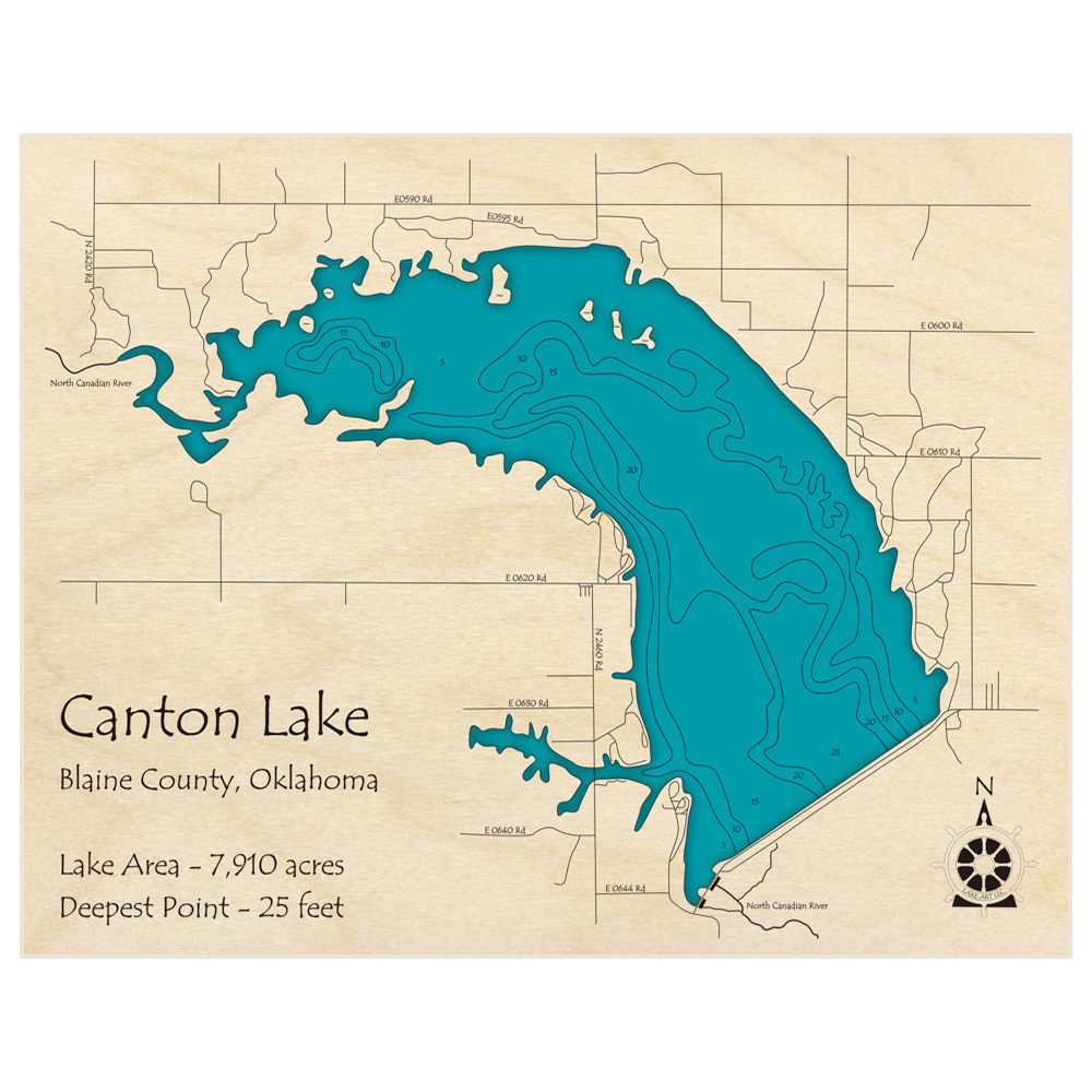 Bathymetric topo map of Canton Lake with roads, towns and depths noted in blue water