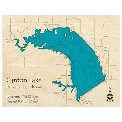 Bathymetric topo map of Canton Lake with roads, towns and depths noted in blue water