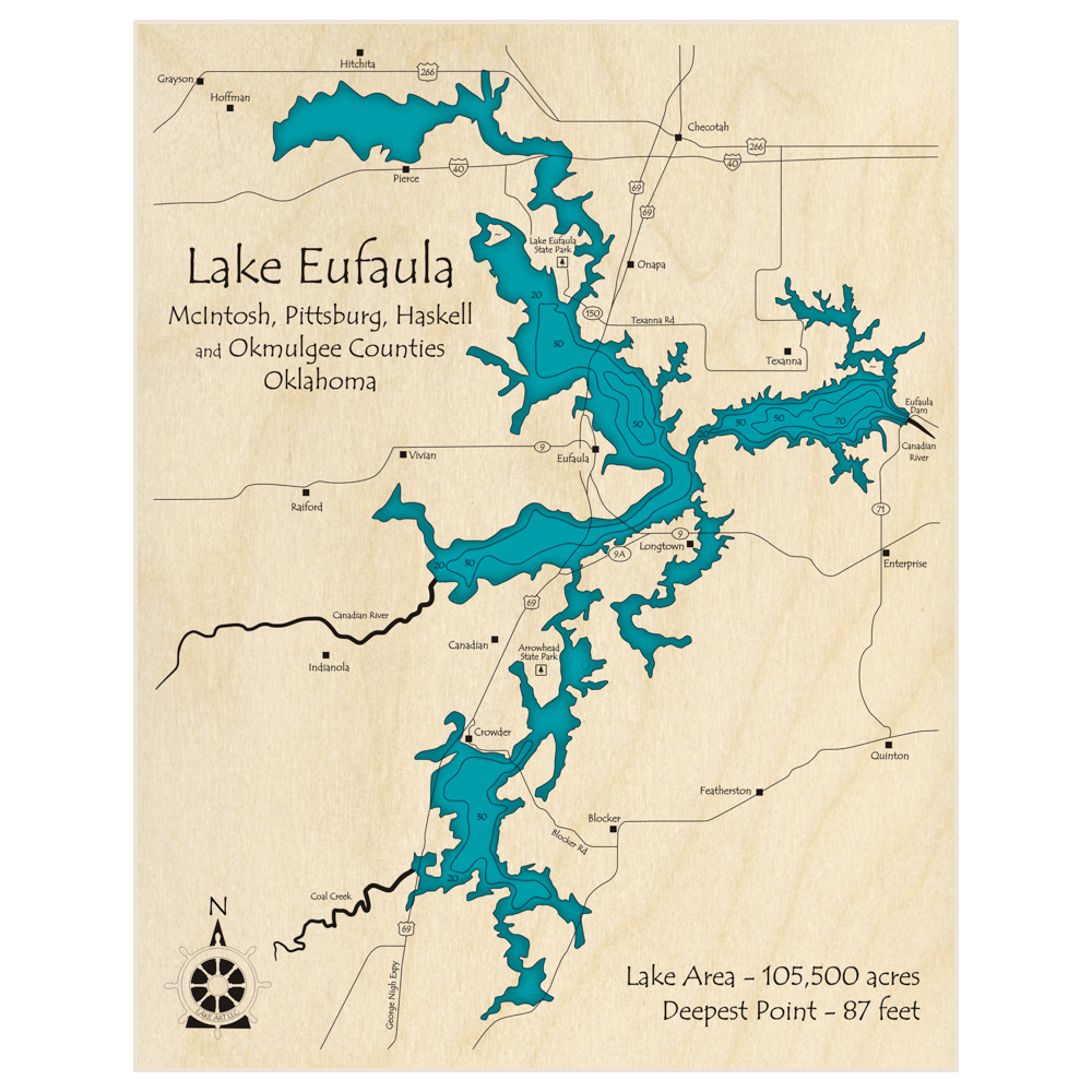 Bathymetric topo map of Lake Eufaula with roads, towns and depths noted in blue water