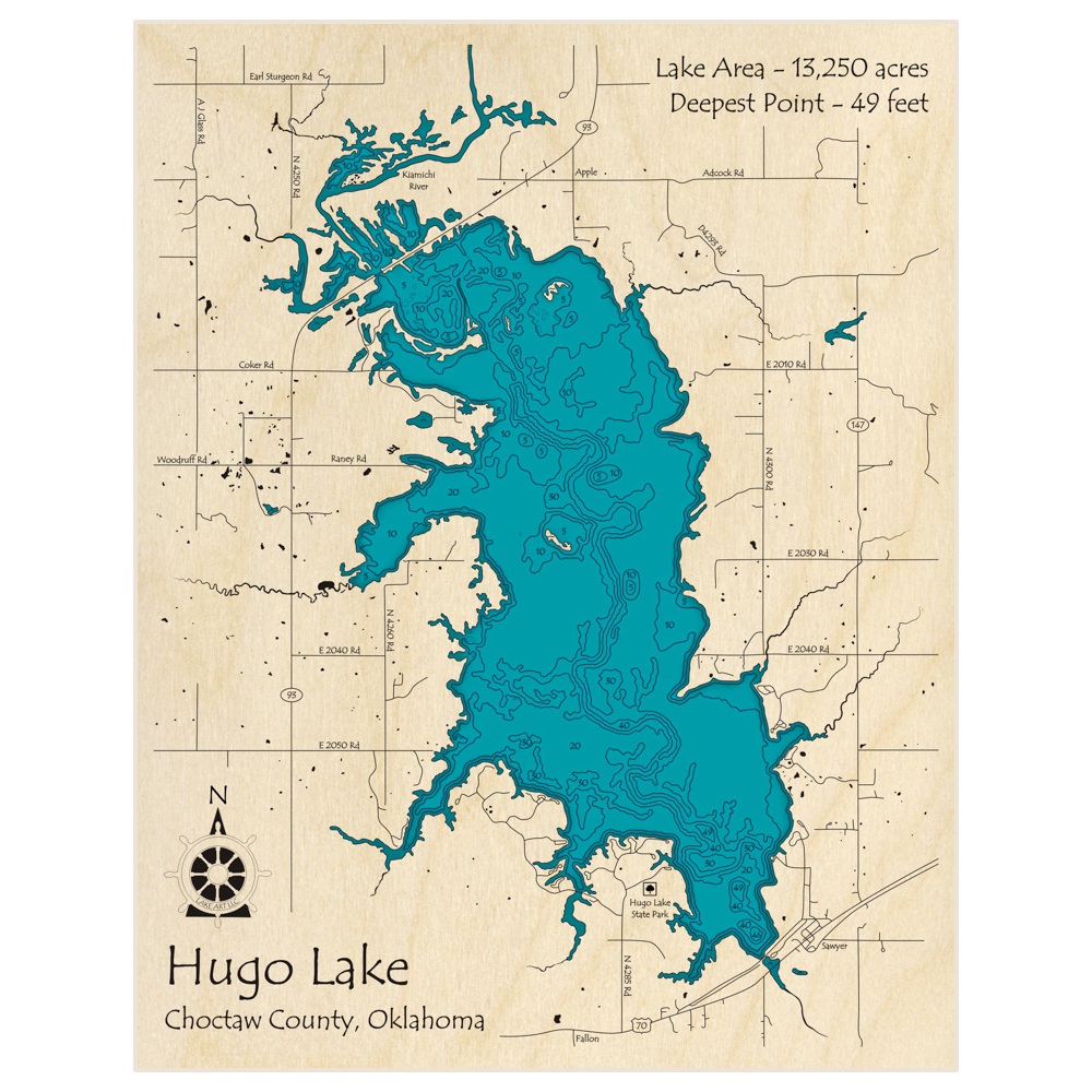 Bathymetric topo map of Hugo Lake with roads, towns and depths noted in blue water