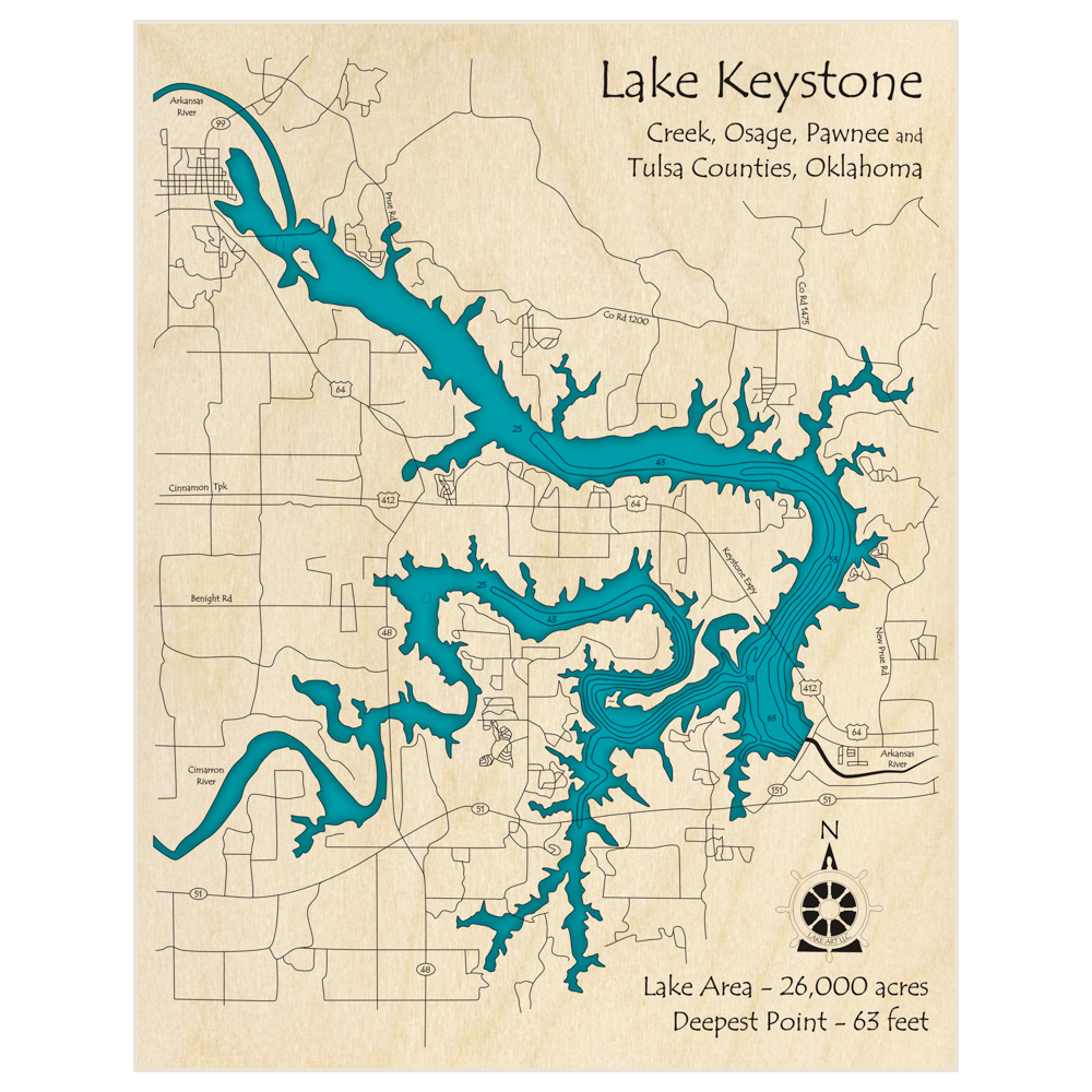 Bathymetric topo map of Lake Keystone with roads, towns and depths noted in blue water