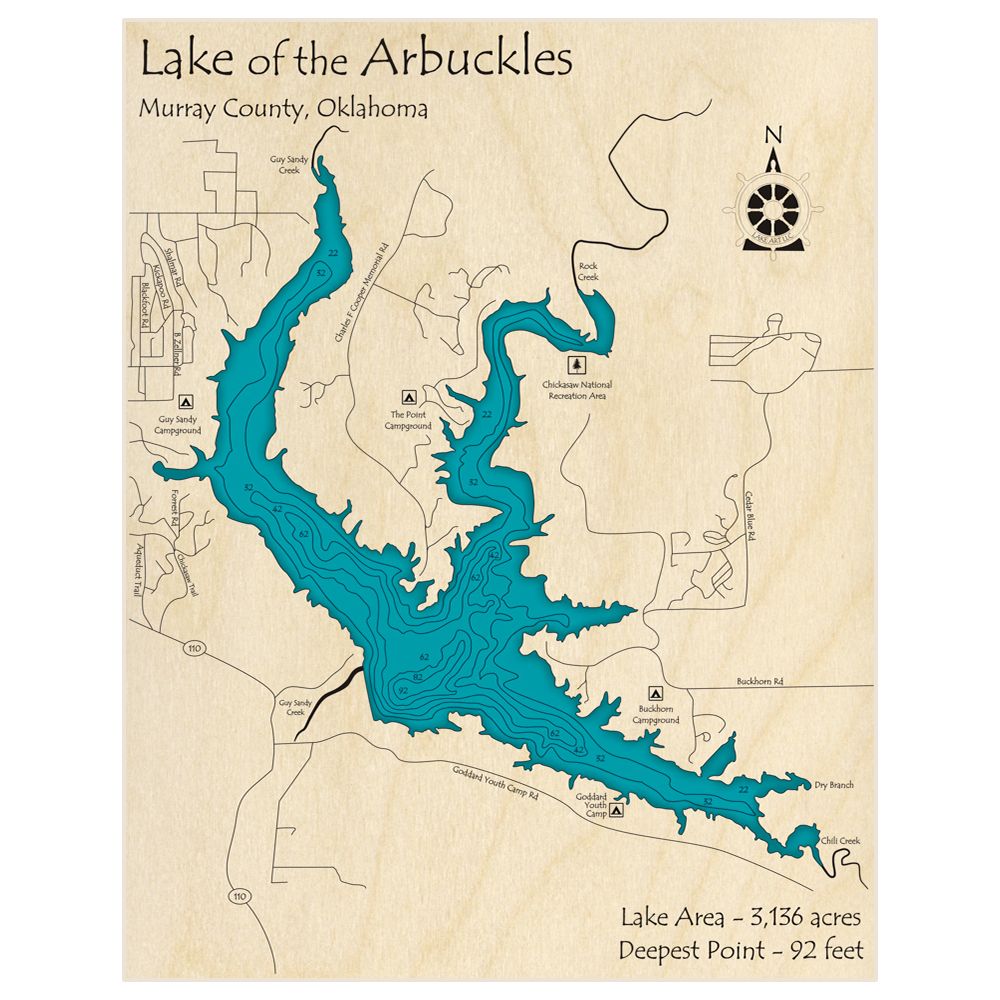 Bathymetric topo map of Lake of the Arbuckles with roads, towns and depths noted in blue water