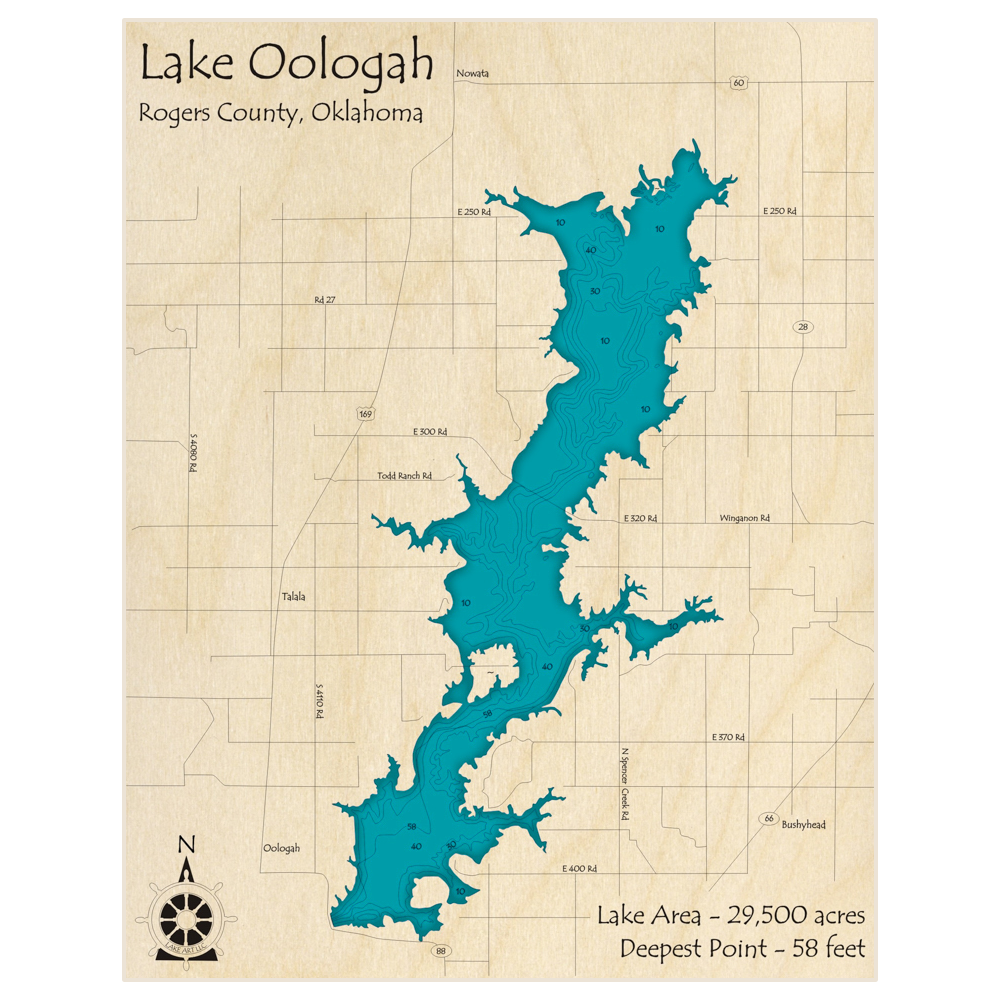 Bathymetric topo map of Lake Oologah with roads, towns and depths noted in blue water