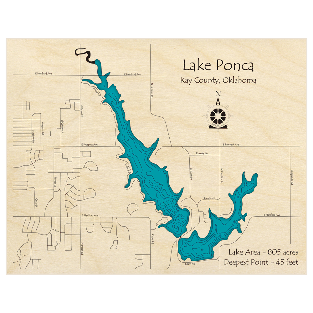 Bathymetric topo map of Lake Ponca with roads, towns and depths noted in blue water