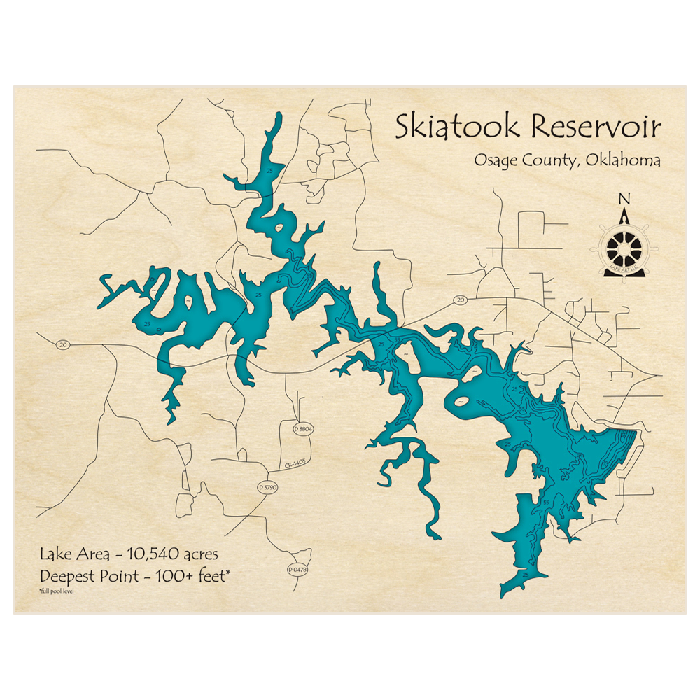 Bathymetric topo map of Skiatook Reservoir with roads, towns and depths noted in blue water