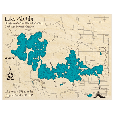 Bathymetric topo map of Lake Abitibi with roads, towns and depths noted in blue water