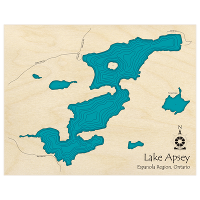 Bathymetric topo map of Lake Apsey  with roads, towns and depths noted in blue water