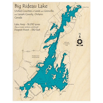 Bathymetric topo map of Rideau Lake (Big) with roads, towns and depths noted in blue water