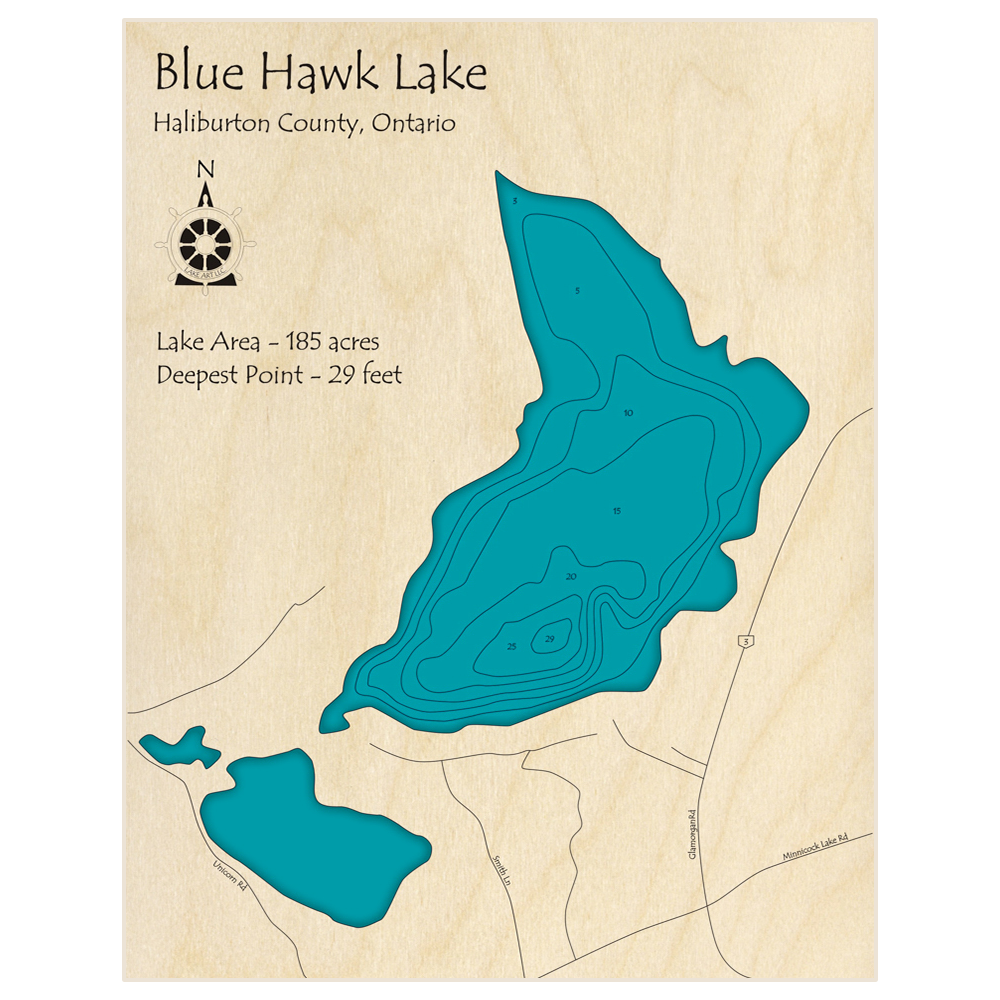 Bathymetric topo map of Blue Hawk Lake with roads, towns and depths noted in blue water