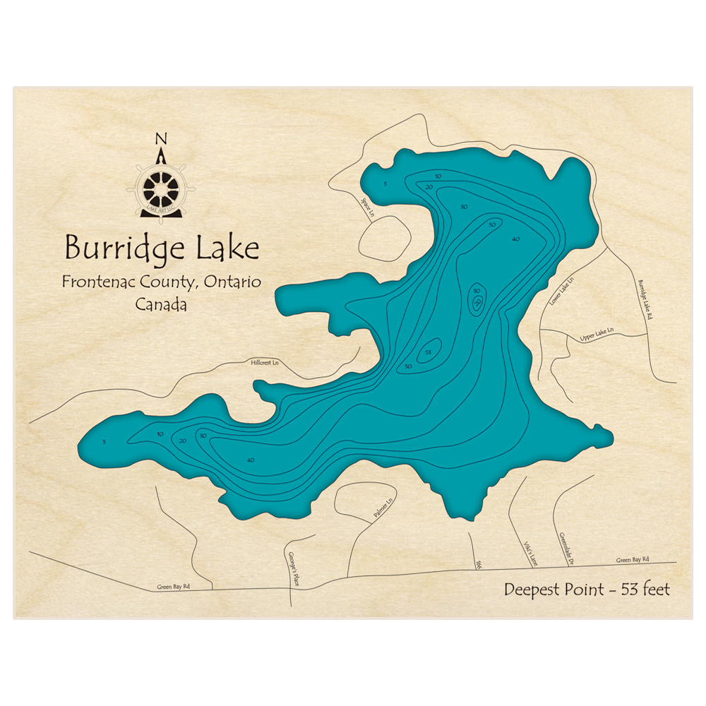 Bathymetric topo map of Burridge Lake with roads, towns and depths noted in blue water