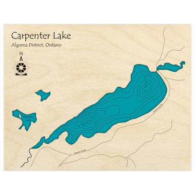 Bathymetric topo map of Carpenter Lake with roads, towns and depths noted in blue water