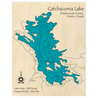 Bathymetric topo map of Catchacoma Lake with roads, towns and depths noted in blue water