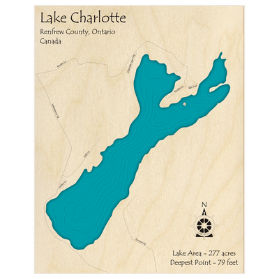 Bathymetric topo map of Lake Charlotte with roads, towns and depths noted in blue water