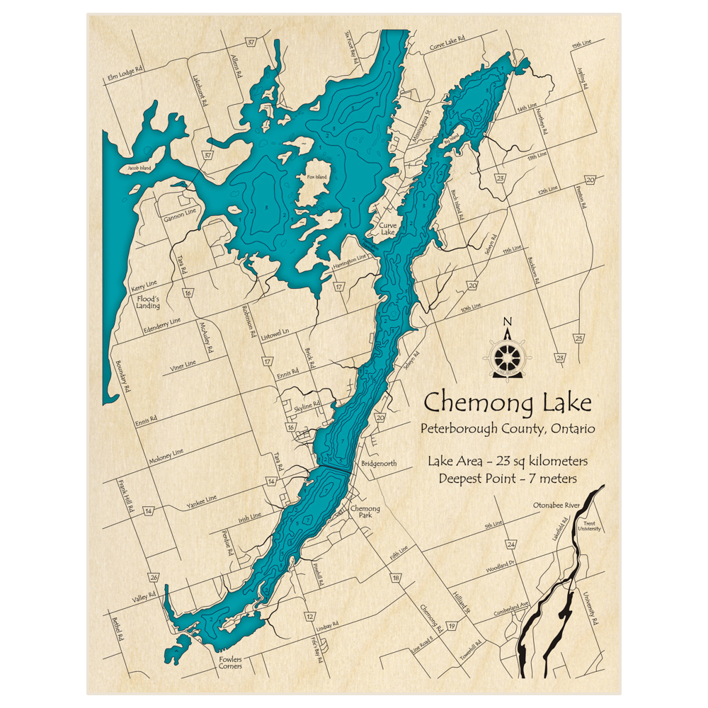 Bathymetric topo map of Chemong Lake with roads, towns and depths noted in blue water