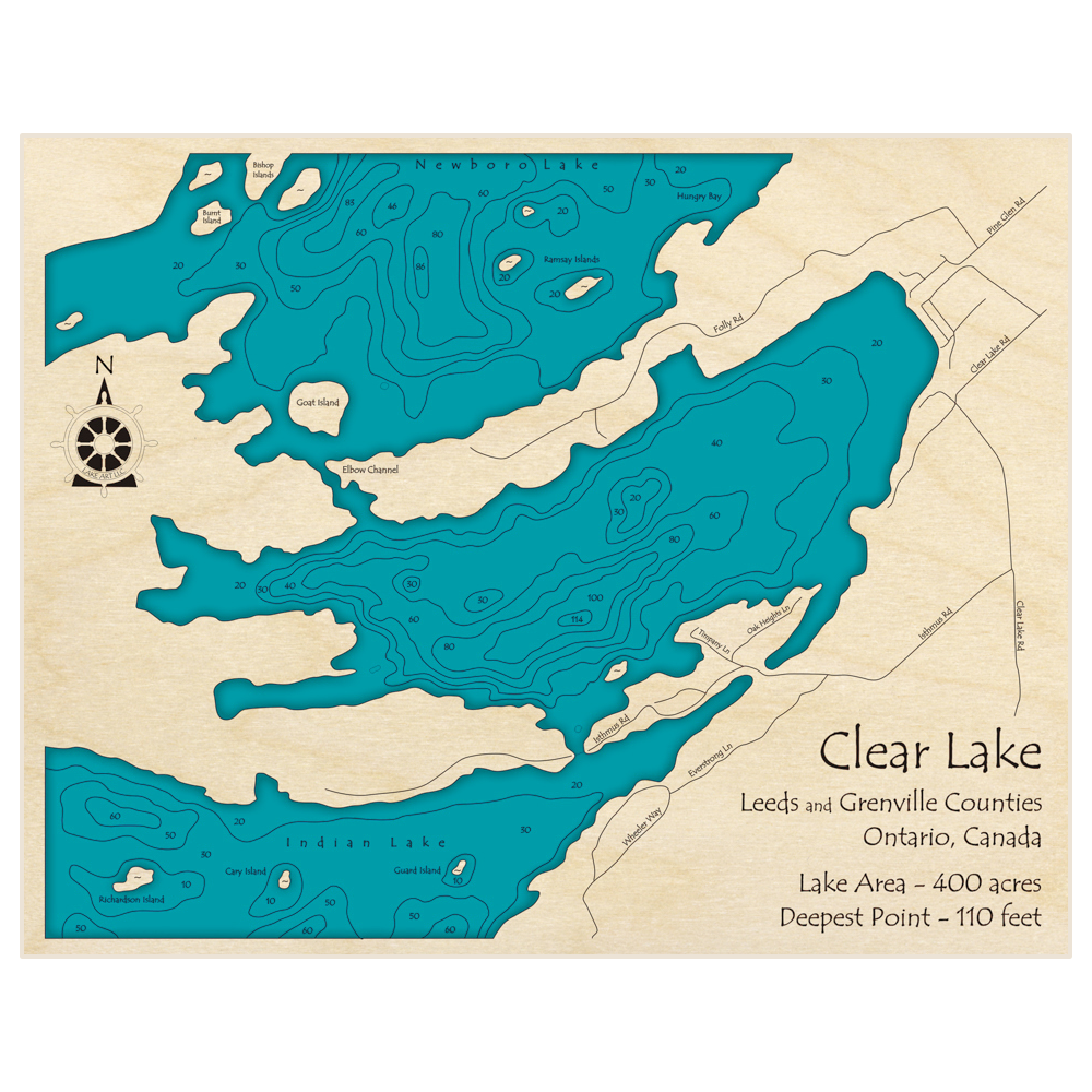 Bathymetric topo map of Clear Lake with roads, towns and depths noted in blue water