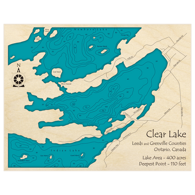 Bathymetric topo map of Clear Lake with roads, towns and depths noted in blue water