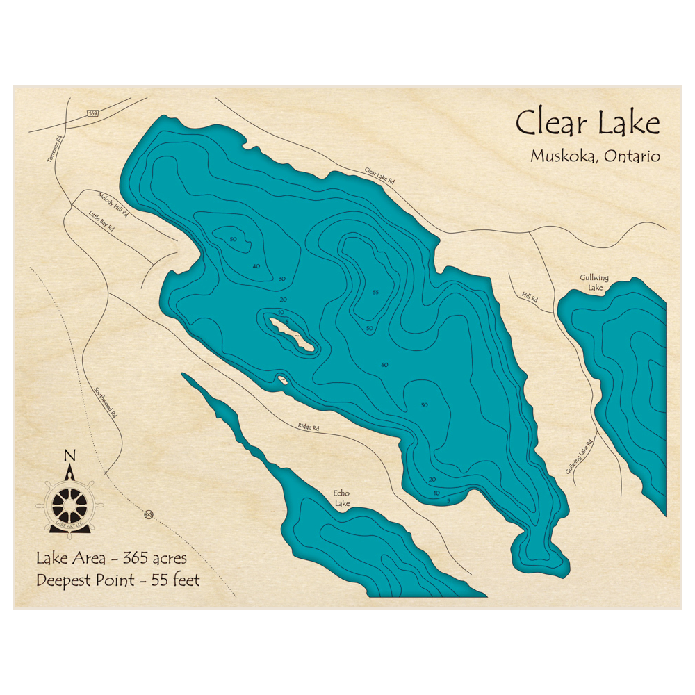 Bathymetric topo map of Clear Lake with roads, towns and depths noted in blue water