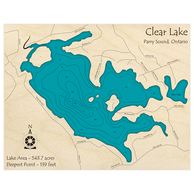 Bathymetric topo map of Clear Lake with roads, towns and depths noted in blue water