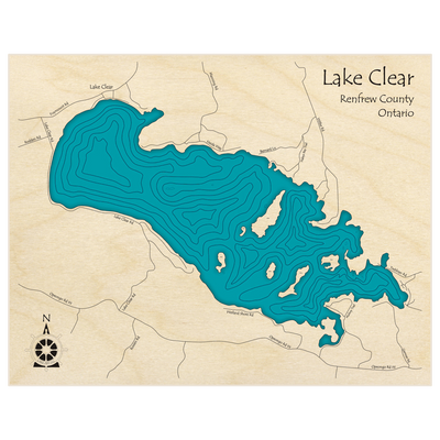 Bathymetric topo map of Lake Clear  with roads, towns and depths noted in blue water