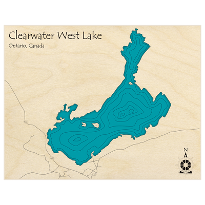 Bathymetric topo map of Clearwater Lake (West)  with roads, towns and depths noted in blue water