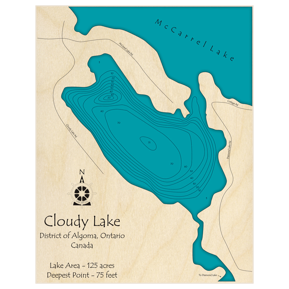 Bathymetric topo map of Cloudy Lake with roads, towns and depths noted in blue water