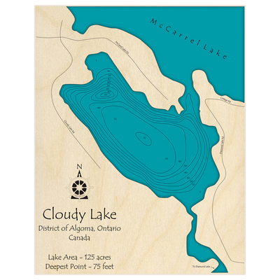 Bathymetric topo map of Cloudy Lake with roads, towns and depths noted in blue water