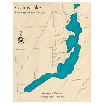 Bathymetric topo map of Collins Lake with roads, towns and depths noted in blue water