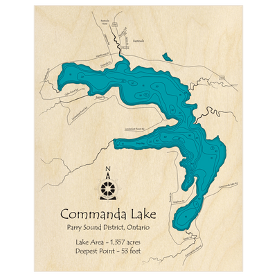 Bathymetric topo map of Commanda Lake with roads, towns and depths noted in blue water