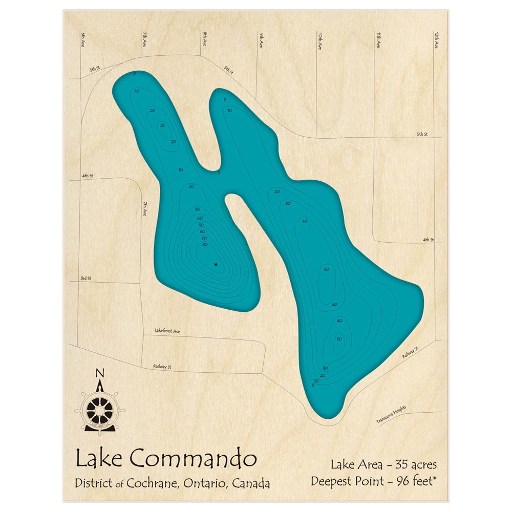 Bathymetric topo map of Lake Commando with roads, towns and depths noted in blue water