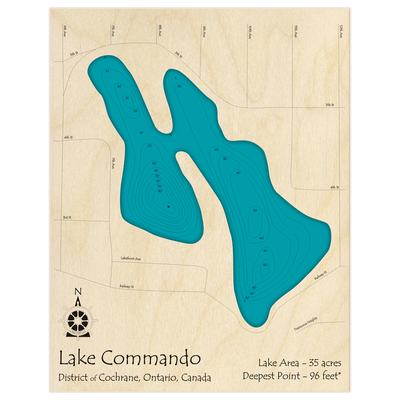 Bathymetric topo map of Lake Commando with roads, towns and depths noted in blue water