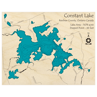 Bathymetric topo map of Constant Lake with roads, towns and depths noted in blue water