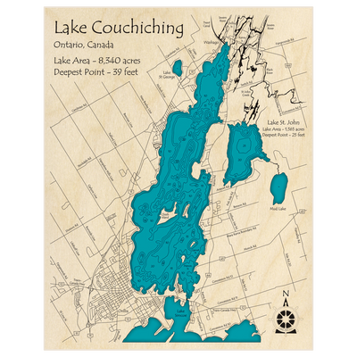 Bathymetric topo map of Lake Couchiching with roads, towns and depths noted in blue water