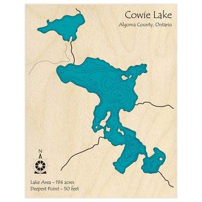 Bathymetric topo map of Cowie Lake with roads, towns and depths noted in blue water