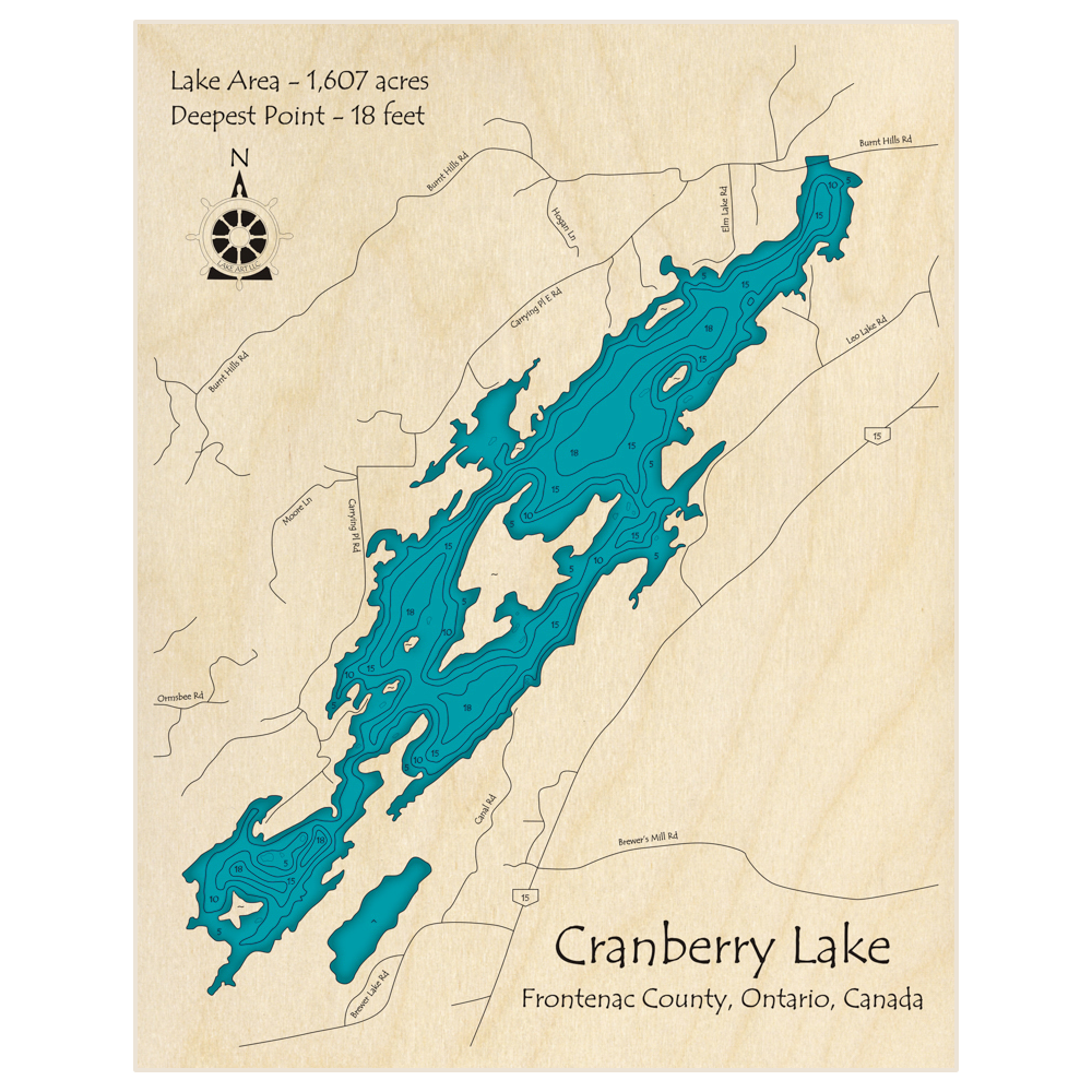 Bathymetric topo map of Cranberry Lake with roads, towns and depths noted in blue water