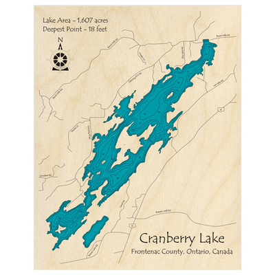 Bathymetric topo map of Cranberry Lake with roads, towns and depths noted in blue water