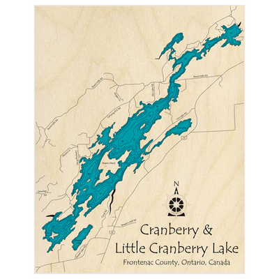 Bathymetric topo map of Cranberry Lake with Little Cranberry Lake with roads, towns and depths noted in blue water