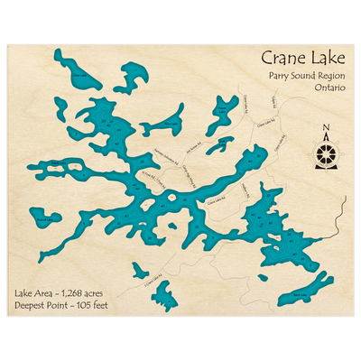 Bathymetric topo map of Crane Lake with roads, towns and depths noted in blue water