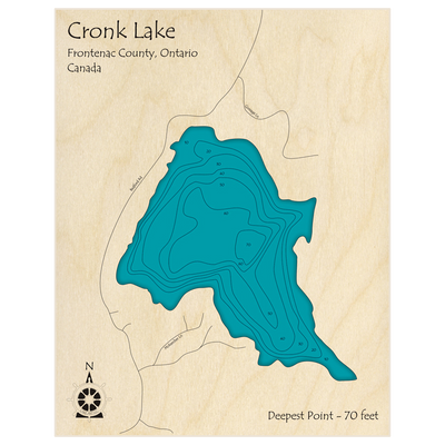 Bathymetric topo map of Cronk Lake with roads, towns and depths noted in blue water