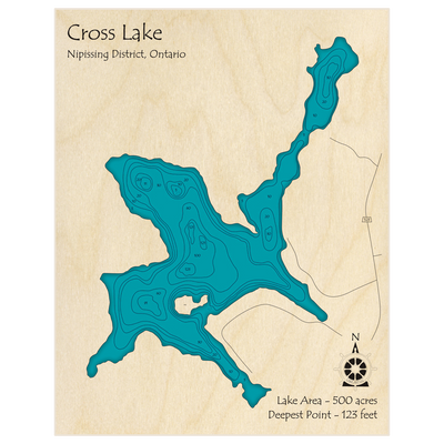 Bathymetric topo map of Cross Lake with roads, towns and depths noted in blue water