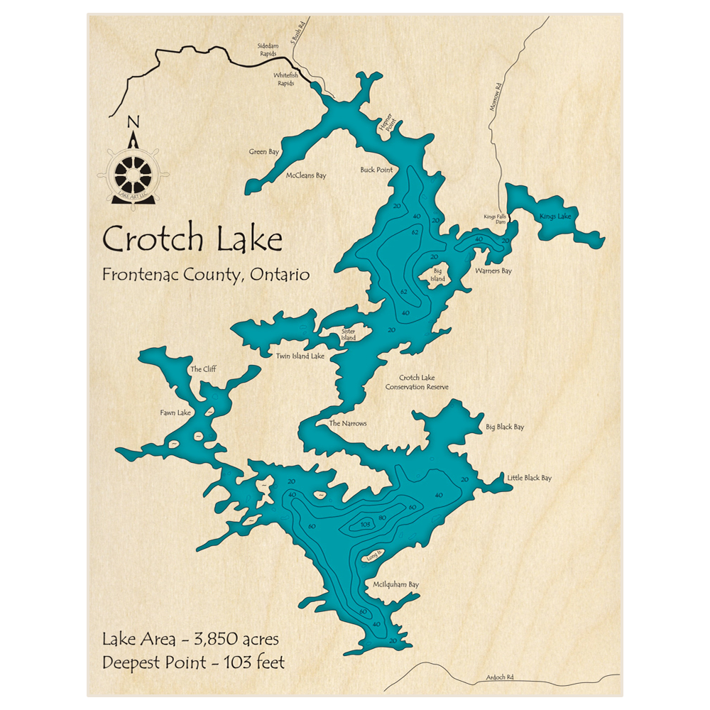 Bathymetric topo map of Crotch Lake with roads, towns and depths noted in blue water