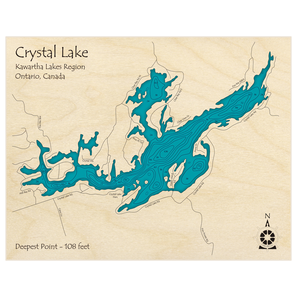 Bathymetric topo map of Crystal Lake with roads, towns and depths noted in blue water