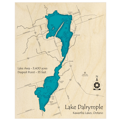 Bathymetric topo map of Lake Dalrymple with roads, towns and depths noted in blue water