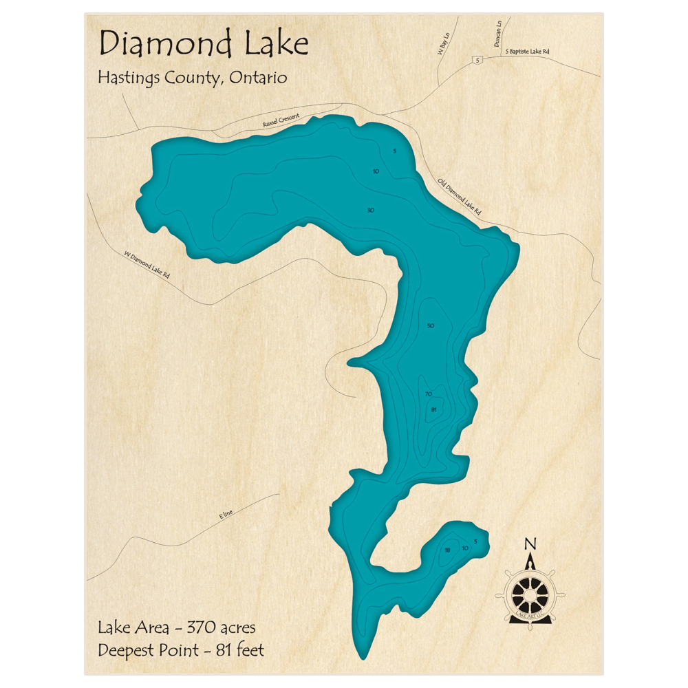 Bathymetric topo map of Diamond Lake with roads, towns and depths noted in blue water