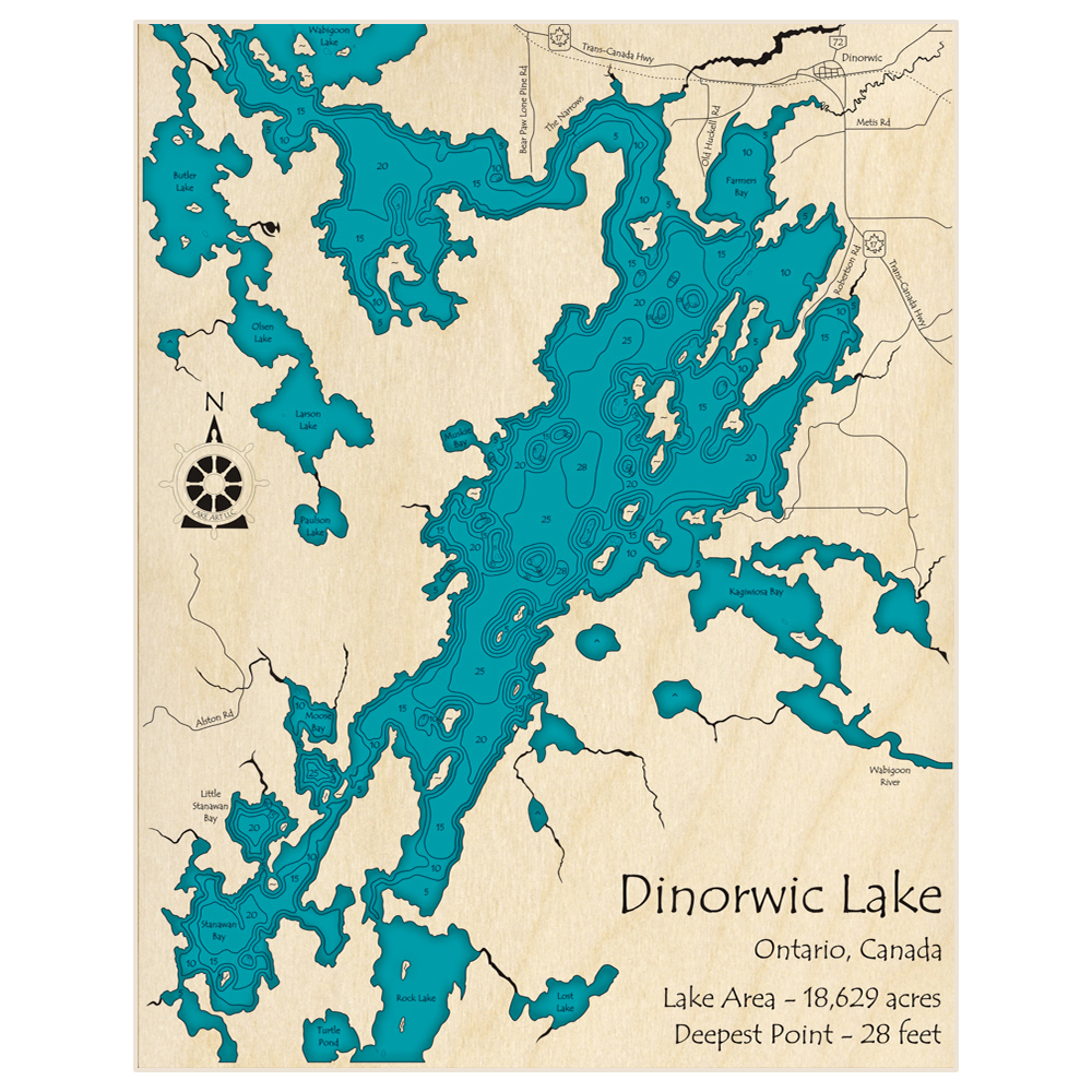 Bathymetric topo map of Dinorwic Lake with roads, towns and depths noted in blue water