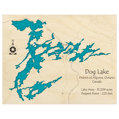 Bathymetric topo map of Dog Lake with roads, towns and depths noted in blue water