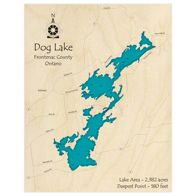 Bathymetric topo map of Dog Lake with roads, towns and depths noted in blue water