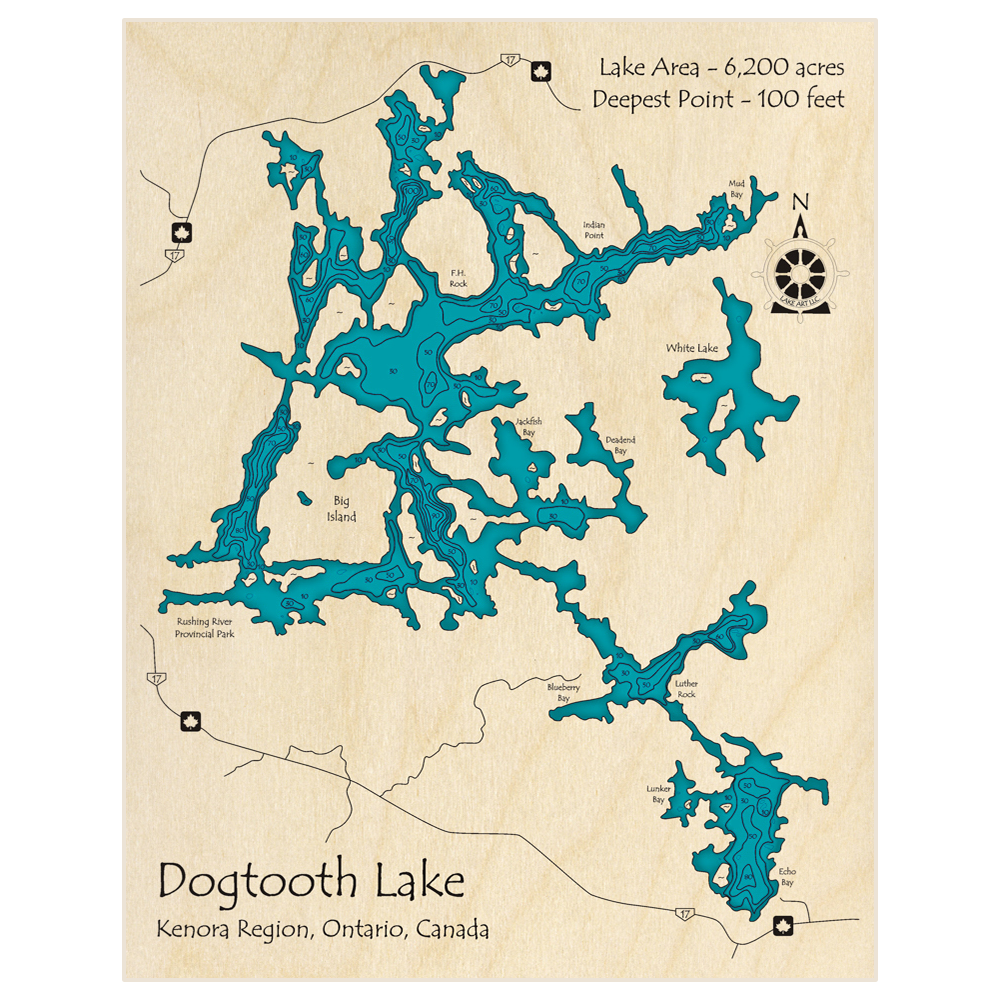 Bathymetric topo map of Dogtooth Lake with roads, towns and depths noted in blue water