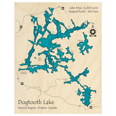 Bathymetric topo map of Dogtooth Lake with roads, towns and depths noted in blue water