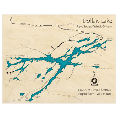 Bathymetric topo map of Dollars Lake  with roads, towns and depths noted in blue water